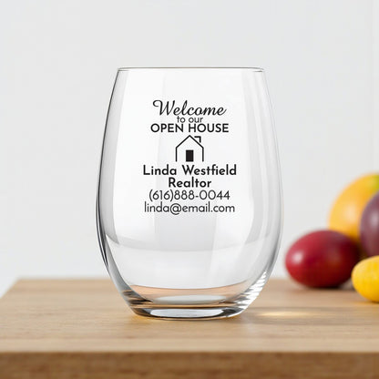 Welcome To Our Open House Personalized 9 oz. Stemless Wine Glass (Set of 24)