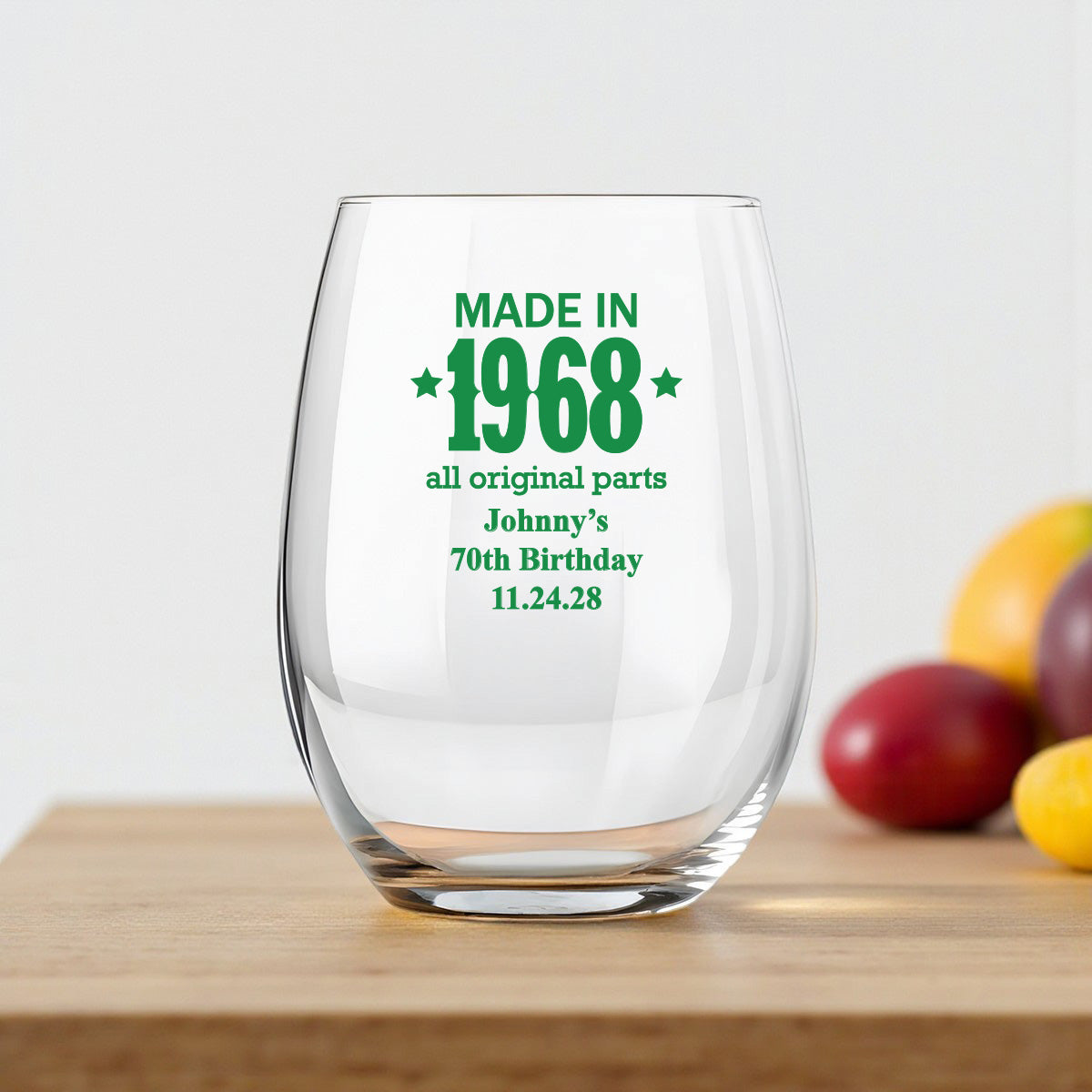 Made In Year All Original Parts Personalized 9 oz. Stemless Wine Glass (Set of 24)