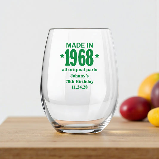 Made In Year All Original Parts Personalized 9 oz. Stemless Wine Glass (Set of 24)