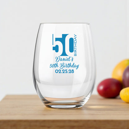50th Birthday Personalized 9 oz. Stemless Wine Glass (Set of 24)