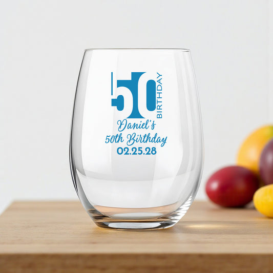 50th Birthday Personalized 9 oz. Stemless Wine Glass (Set of 24)