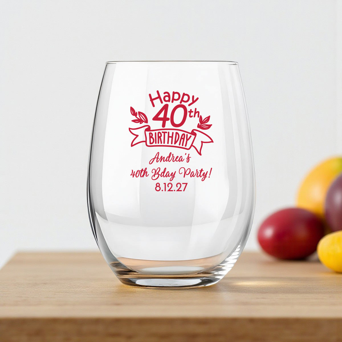 40th Birthday Personalized 9 oz. Stemless Wine Glass (Set of 24)