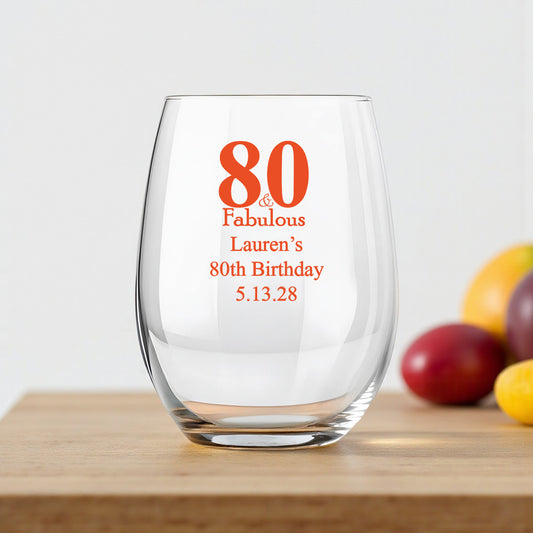 80th Birthday Personalized 9 oz. Stemless Wine Glass (Set of 24)