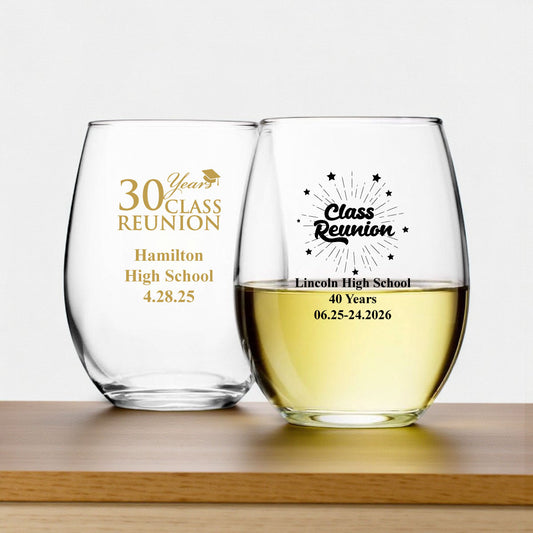 Class Reunion Personalized 9 oz. Stemless Wine Glass (Set of 24)