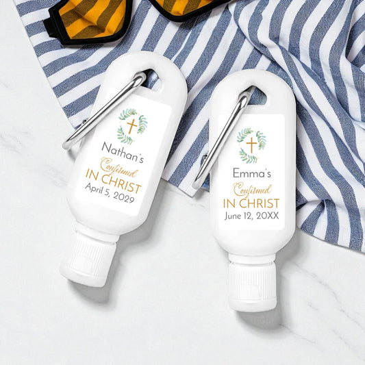 Confirmed In Christ Personalized Sunscreen with Carabiner (Set of 12)