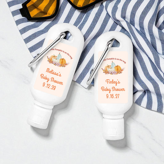 A Little Pumpkin Is On The Way Personalized Sunscreen with Carabiner (Set of 12)