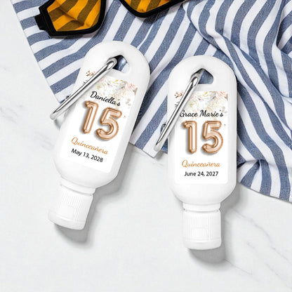 Quinceañera 15th Birthday Balloon Personalized Sunscreen with Carabiner (Set of 12)