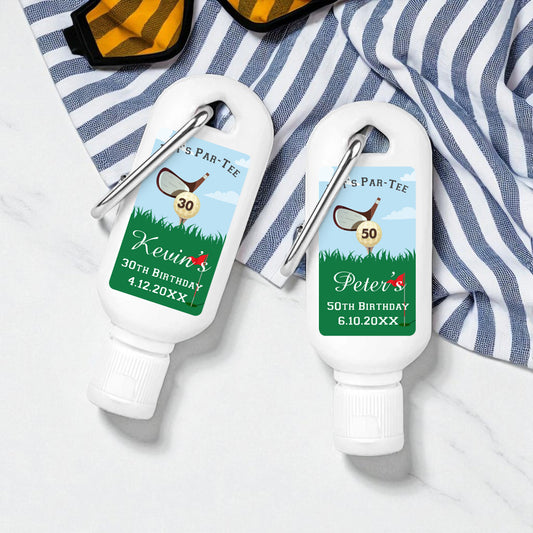Golf Birthday Party Personalized Sunscreen with Carabiner (Set of 12)