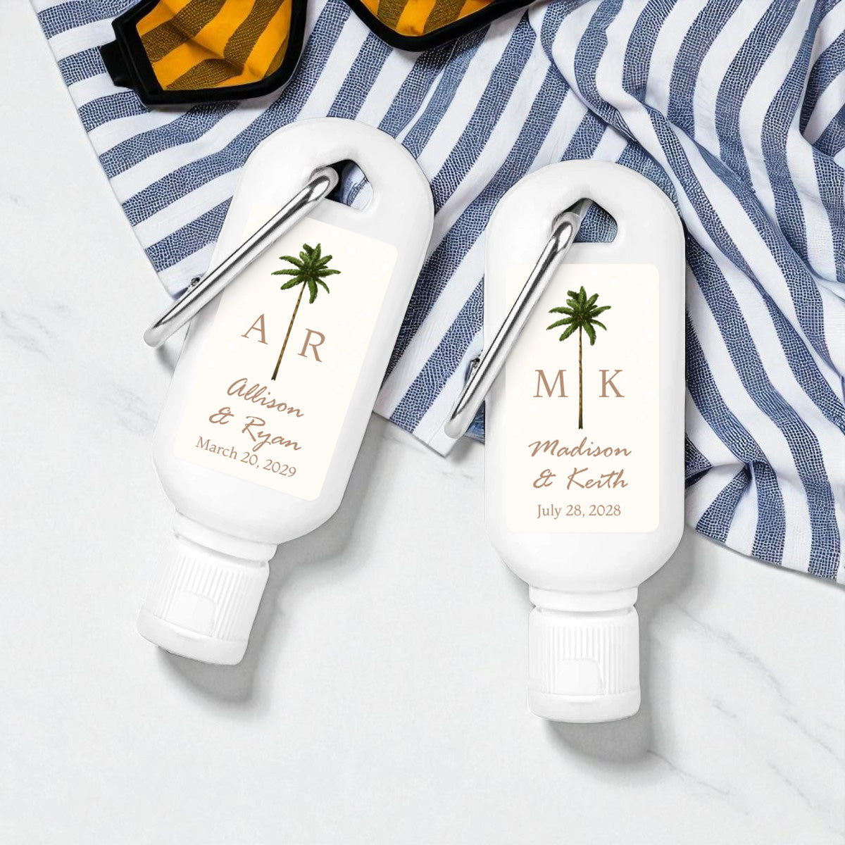 Palm Tree Monogram Personalized Sunscreen with Carabiner (Set of 12)