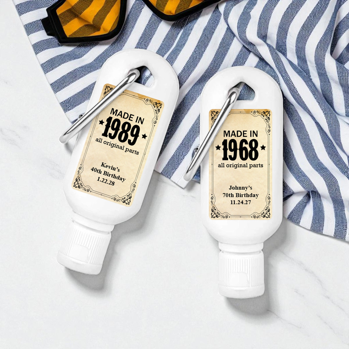 Made In Year All Original Parts Personalized Sunscreen with Carabiner (Set of 12)