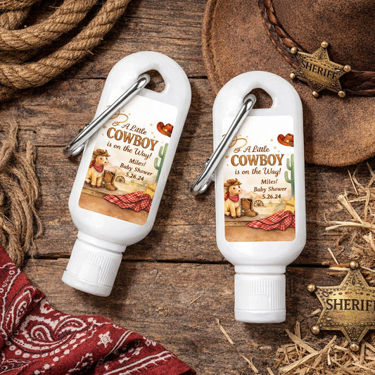 A Little Cowboy is on the Way Wild West Rodeo Personalized Sunscreen with Carabiner (Set of 12)