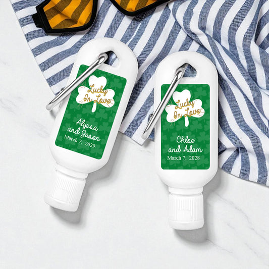 Lucky In Love Shamrock Personalized Sunscreen with Carabiner (Set of 12)