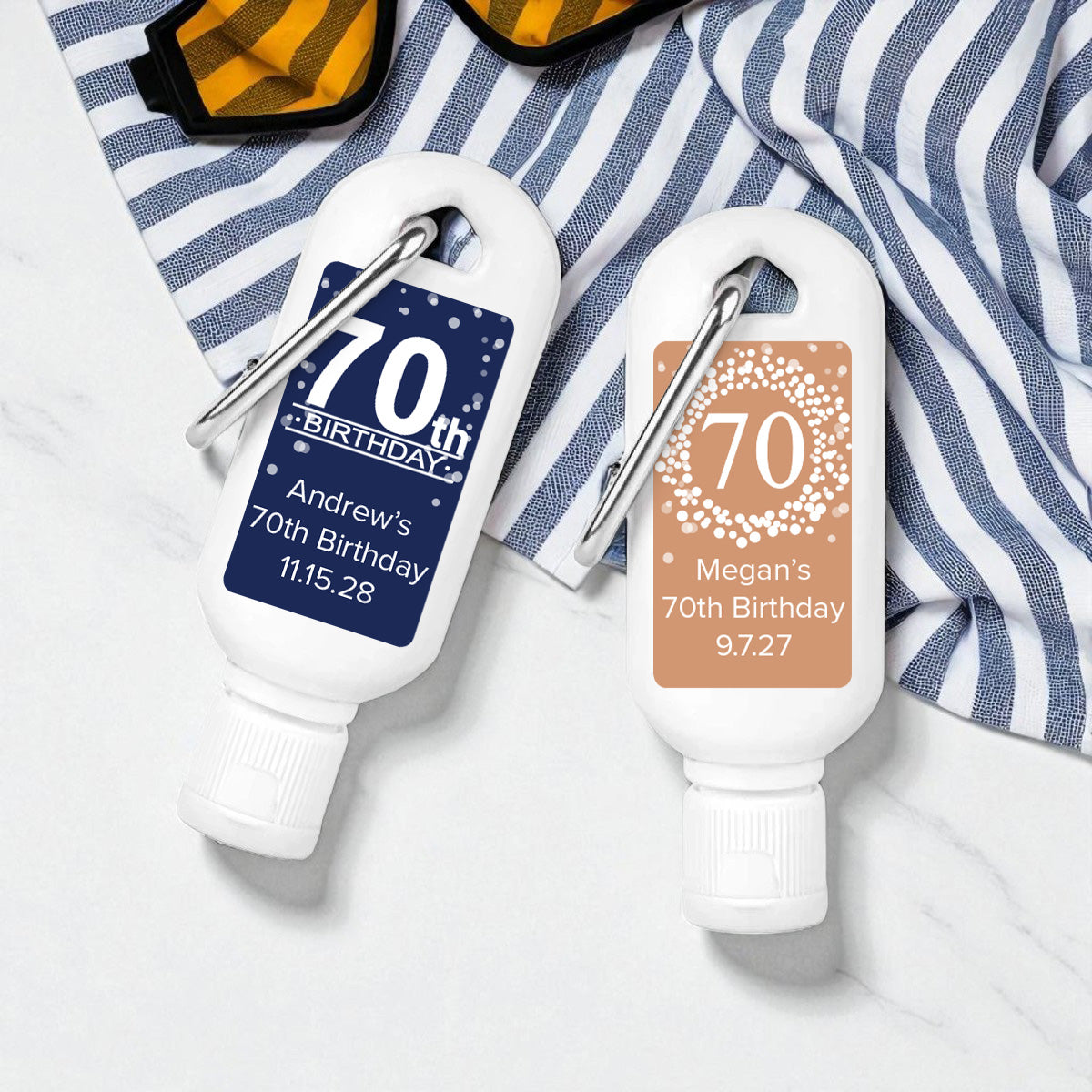 70th Birthday Personalized Sunscreen with Carabiner (Set of 12)