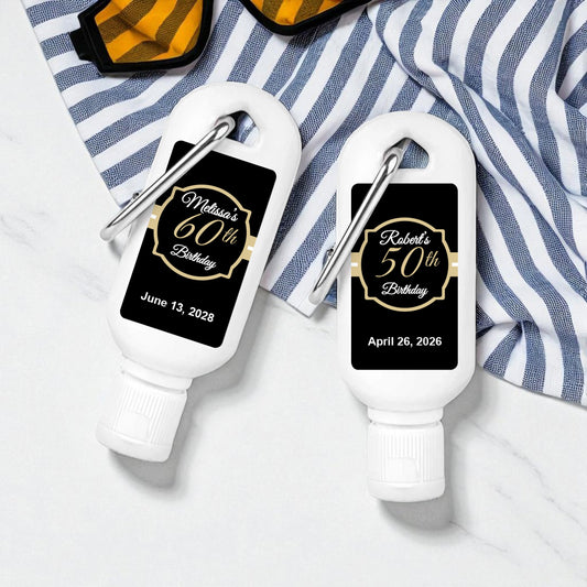 Black & Gold Birthday Personalized Sunscreen with Carabiner (Set of 12)