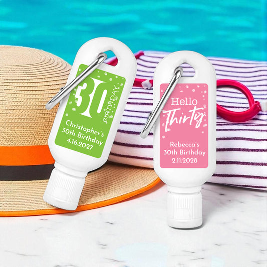 30th Birthday Personalized Sunscreen with Carabiner (Set of 12)