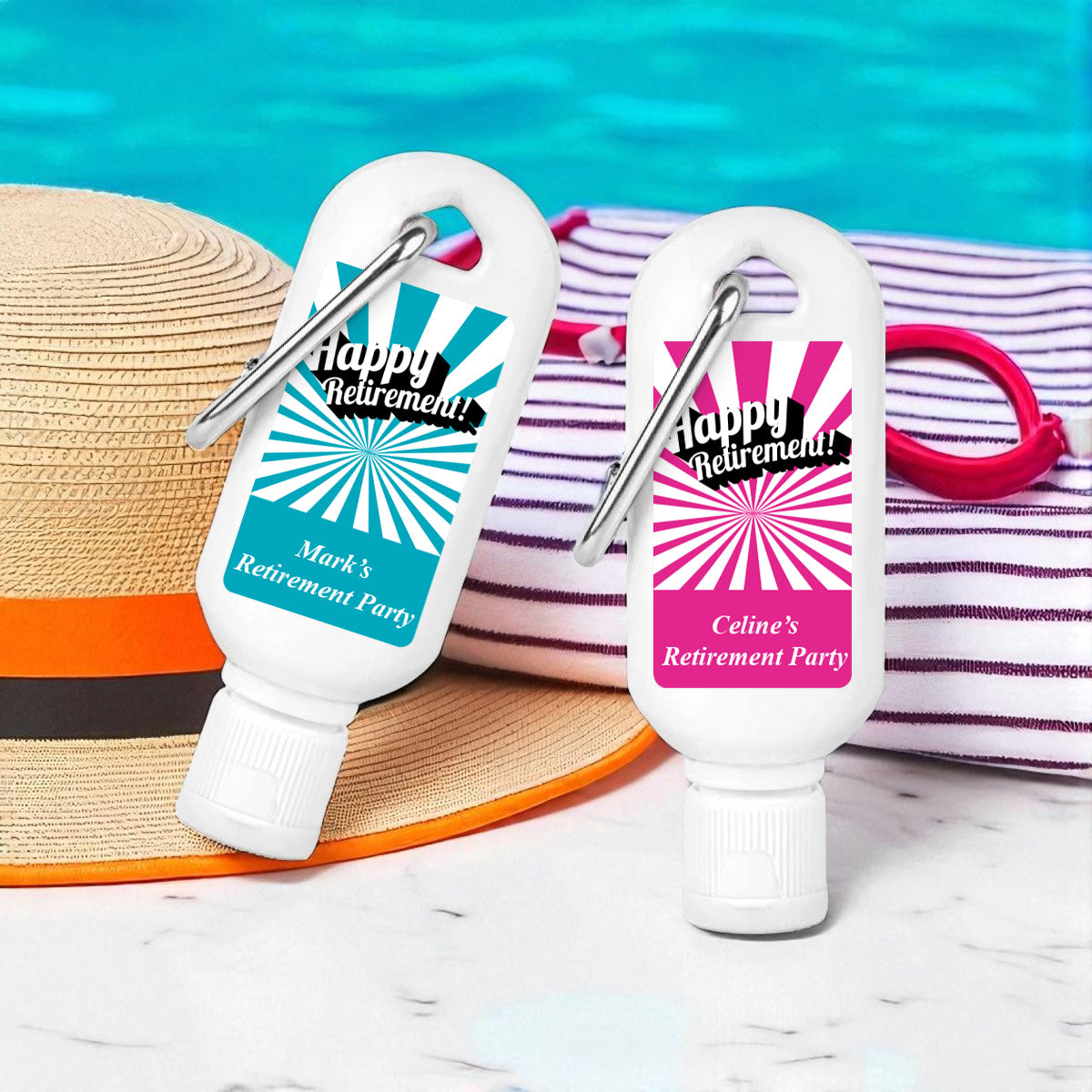 Happy Retirement Personalized Sunscreen with Carabiner (Set of 12)