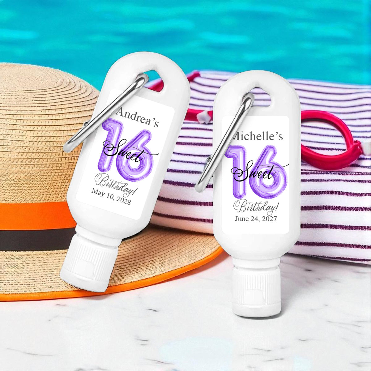 Sweet 16 Birthday Balloon Personalized Sunscreen with Carabiner (Set of 12)