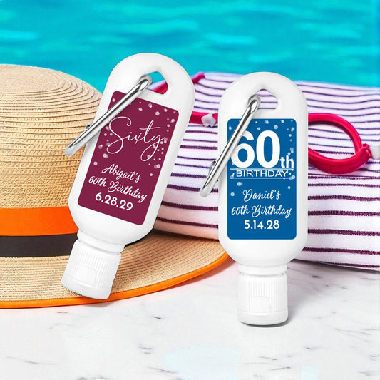60th Birthday Personalized Sunscreen with Carabiner (Set of 12)