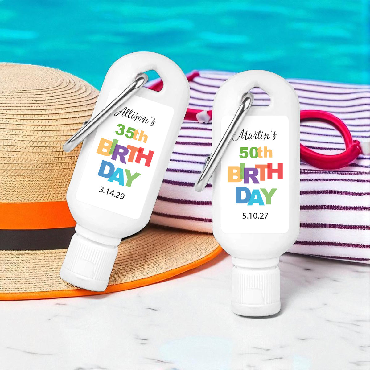 Colorful Birthday Personalized Sunscreen with Carabiner (Set of 12)