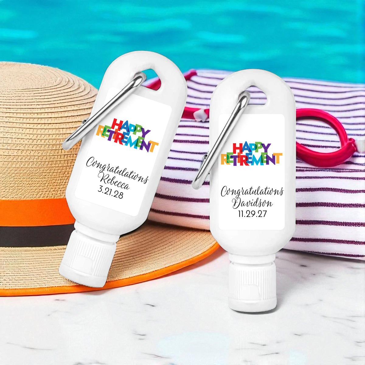 Happy Retirement Personalized Sunscreen with Carabiner (Set of 12)
