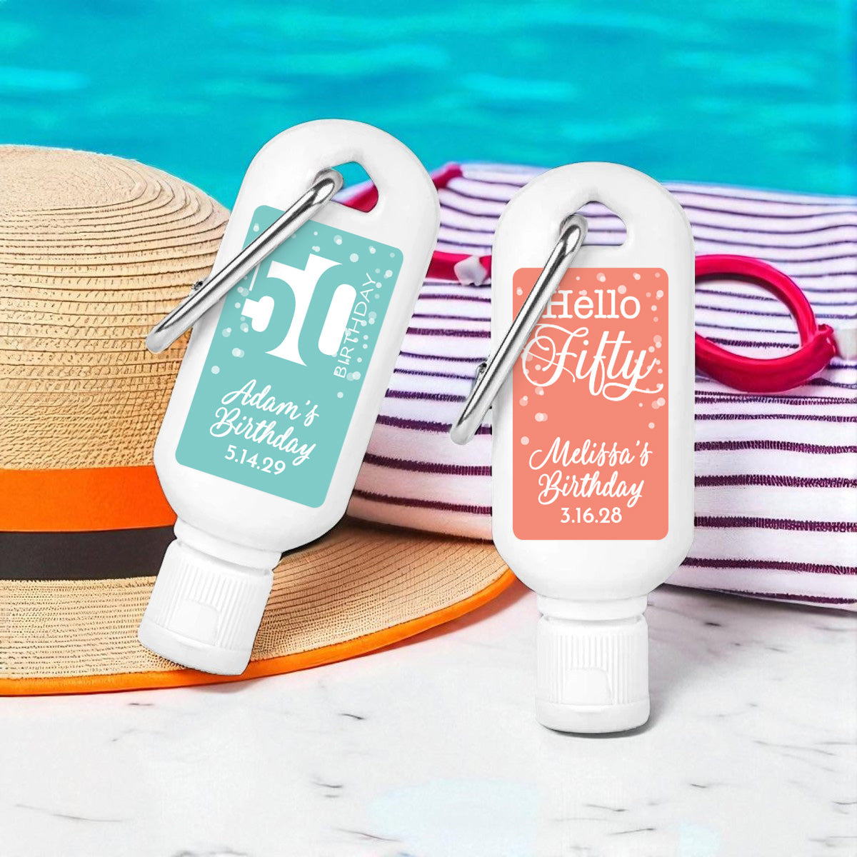 50th Birthday Personalized Sunscreen with Carabiner (Set of 12)