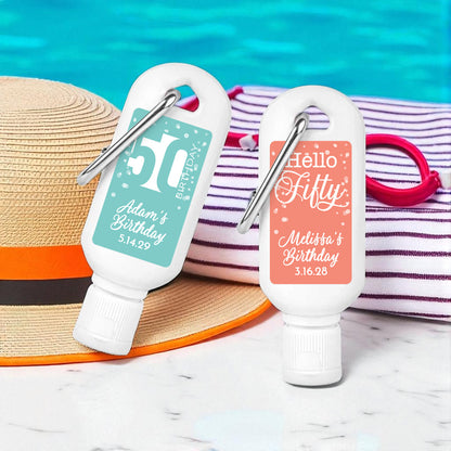50th Birthday Personalized Sunscreen with Carabiner (Set of 12)