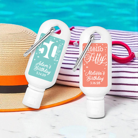 50th Birthday Personalized Sunscreen with Carabiner (Set of 12)