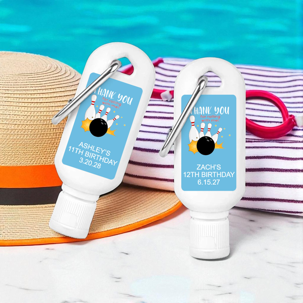 Bowling Kids Birthday Personalized Sunscreen with Carabiner (Set of 12)