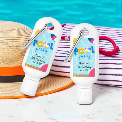 Pool Party Birthday Personalized Sunscreen with Carabiner (Set of 12)