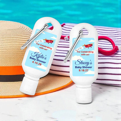 Airplane Birthday Baby Shower Personalized Sunscreen with Carabiner (Set of 12)