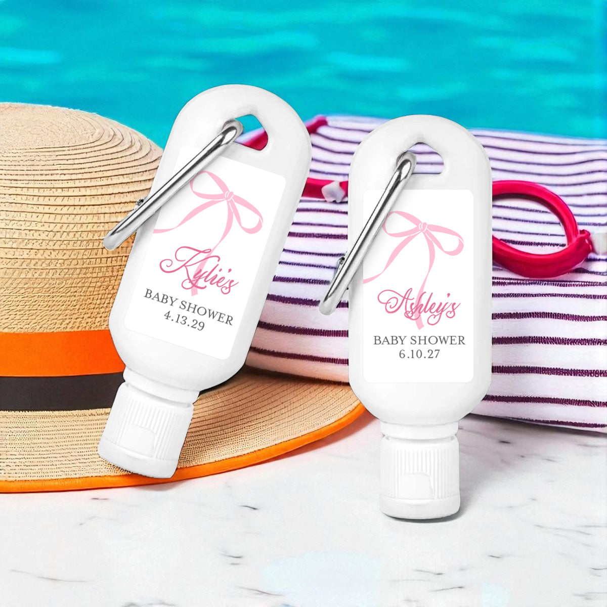 Pink Bow Baby Shower Personalized Sunscreen with Carabiner (Set of 12)