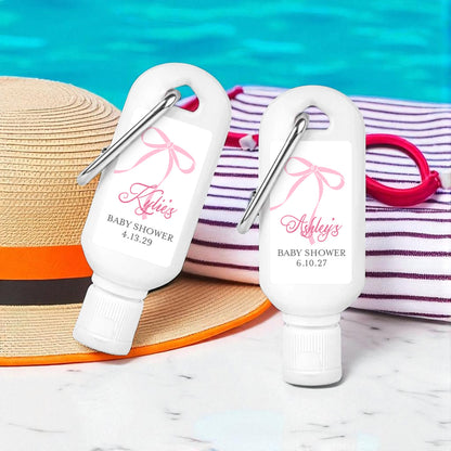 Pink Bow Baby Shower Personalized Sunscreen with Carabiner (Set of 12)
