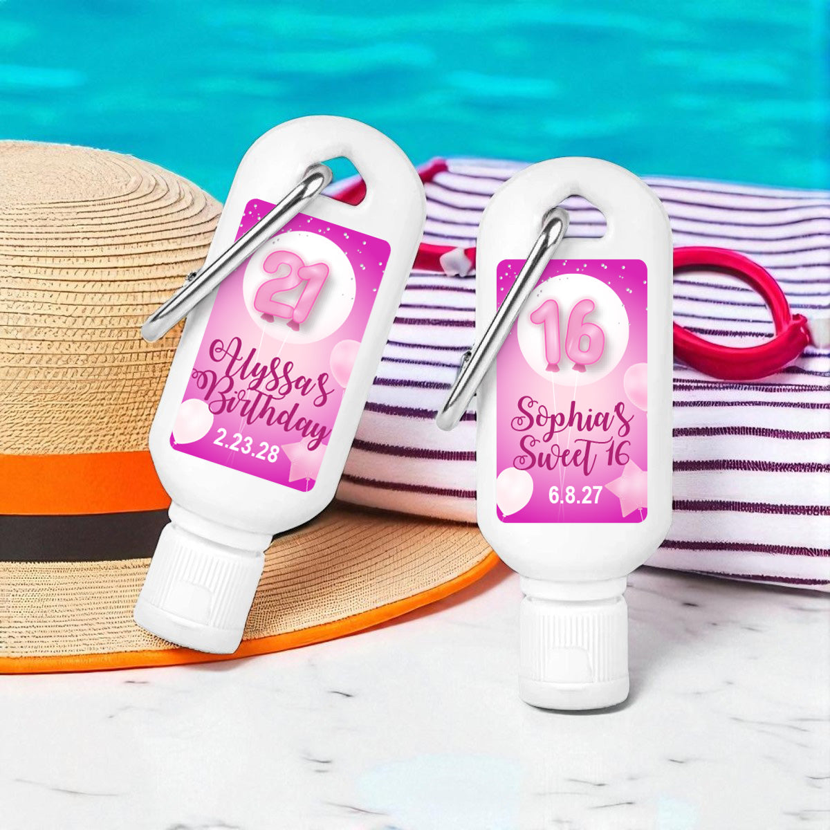 Pink Birthday Party Personalized Sunscreen with Carabiner (Set of 12)
