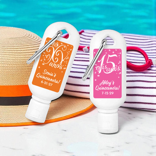 Quinceañera Personalized Sunscreen with Carabiner (Set of 12)
