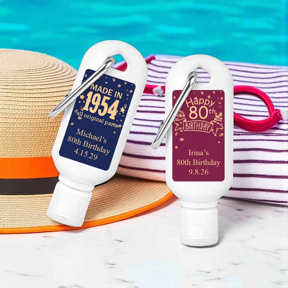 80th Birthday Personalized Sunscreen with Carabiner (Set of 12)