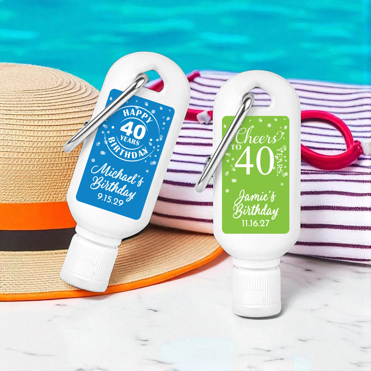 40th Birthday Personalized Sunscreen with Carabiner (Set of 12)
