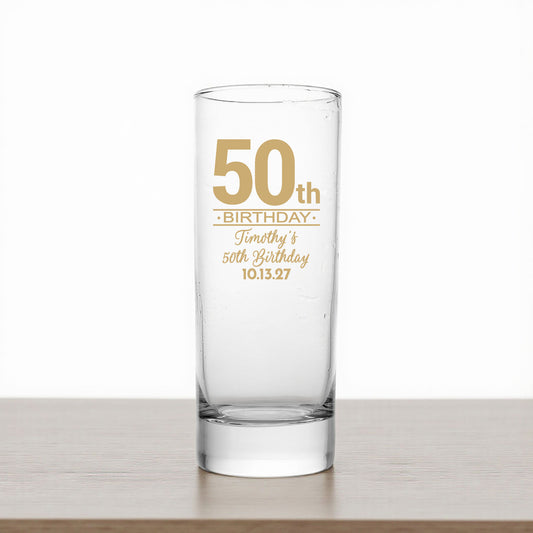 50th Birthday Personalized Tall Shot Glass (Set of 24)