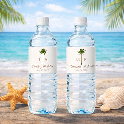 Palm Tree Monogram Personalized Water Bottle Labels (Set of 12)