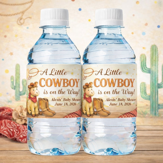 A Little Cowboy is on the Way Wild West Rodeo Personalized Water Bottle Labels (Set of 12)