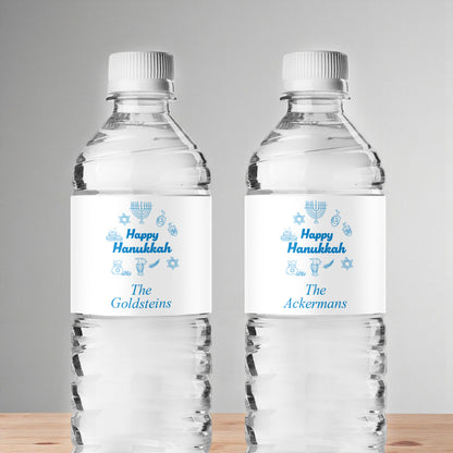 Happy Hanukkah Drawing Personalized Water Bottle Labels (Set of 12)