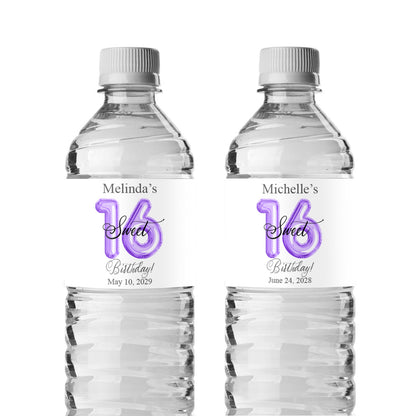 Sweet 16 Birthday Balloon Personalized Water Bottle Labels (Set of 12)