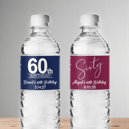 60th Birthday Personalized Water Bottle Labels (Set of 12)