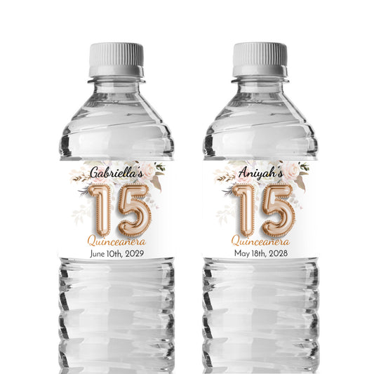 Quinceañera 15th Birthday Balloon Personalized Water Bottle Labels (Set of 12)
