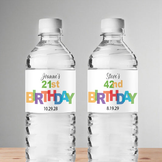 Colorful Birthday Personalized Water Bottle Labels (Set of 12)