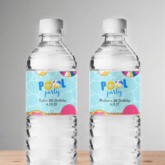 Pool Party Birthday Personalized Water Bottle Labels (Set of 12)