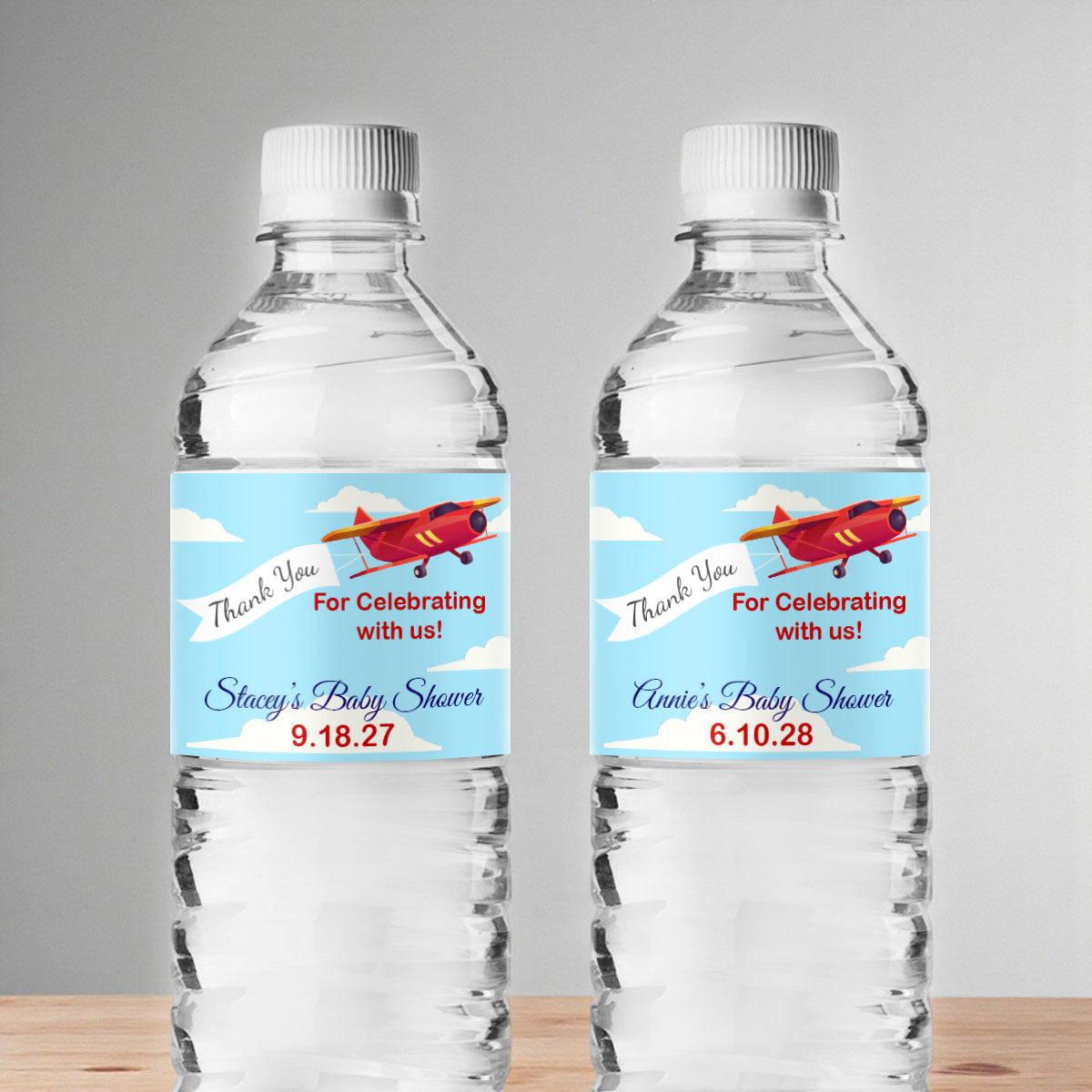 Airplane Birthday Baby Shower Personalized Water Bottle Labels (Set of 12)