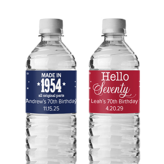 70th Birthday Personalized Water Bottle Labels (Set of 12)