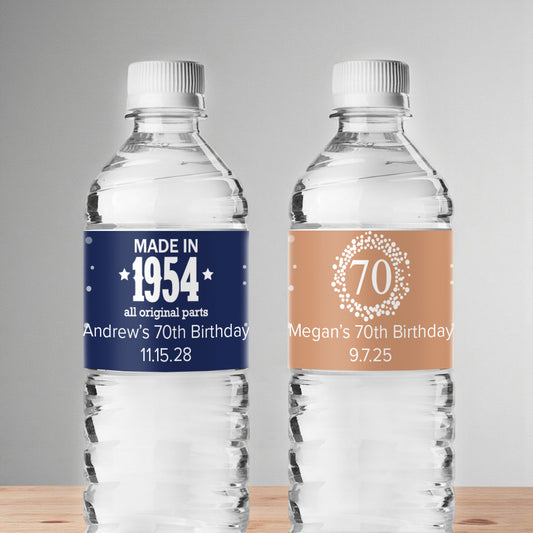 70th Birthday Personalized Water Bottle Labels (Set of 12)