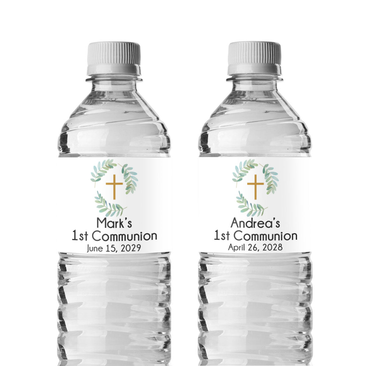 Botanical Greenery First Communion Personalized Water Bottle Labels (Set of 12)