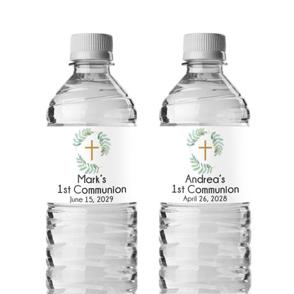 Botanical Greenery First Communion Personalized Water Bottle Labels (Set of 12)